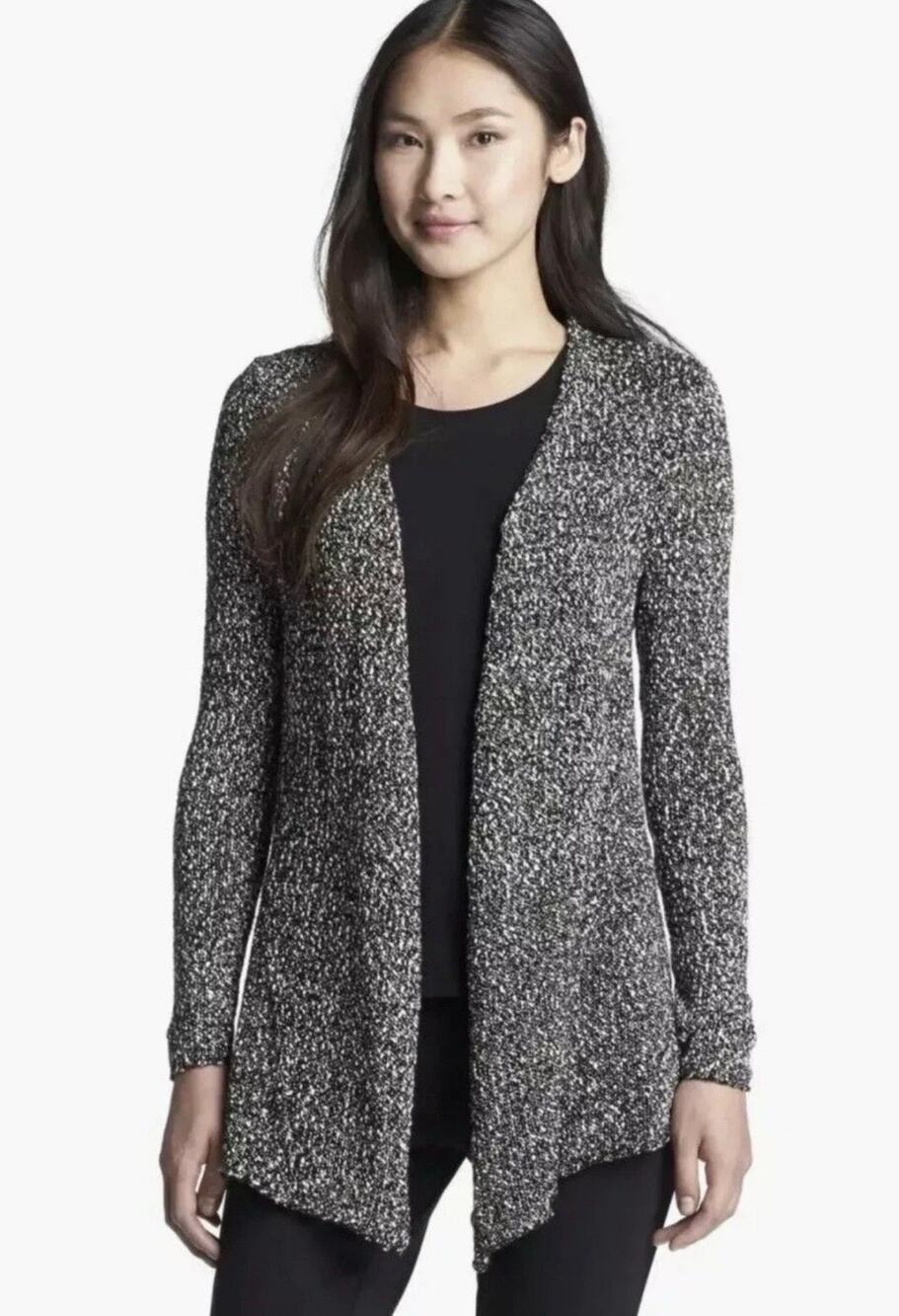 Eileen Fisher Women's Black White Open Front Micro Tweed Cotton Knit Cardigan L
